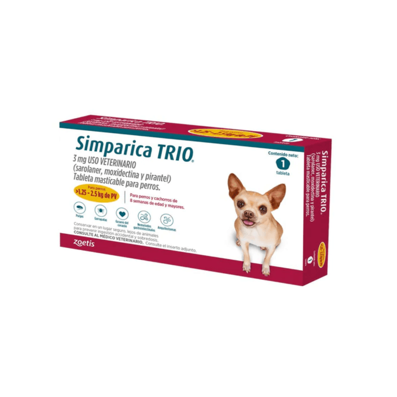 Antiparásitario Interno y Externo para perro Simparica Trio 1.25Kg - 2.5Kg a 40kg - 60kg 1 Tableta