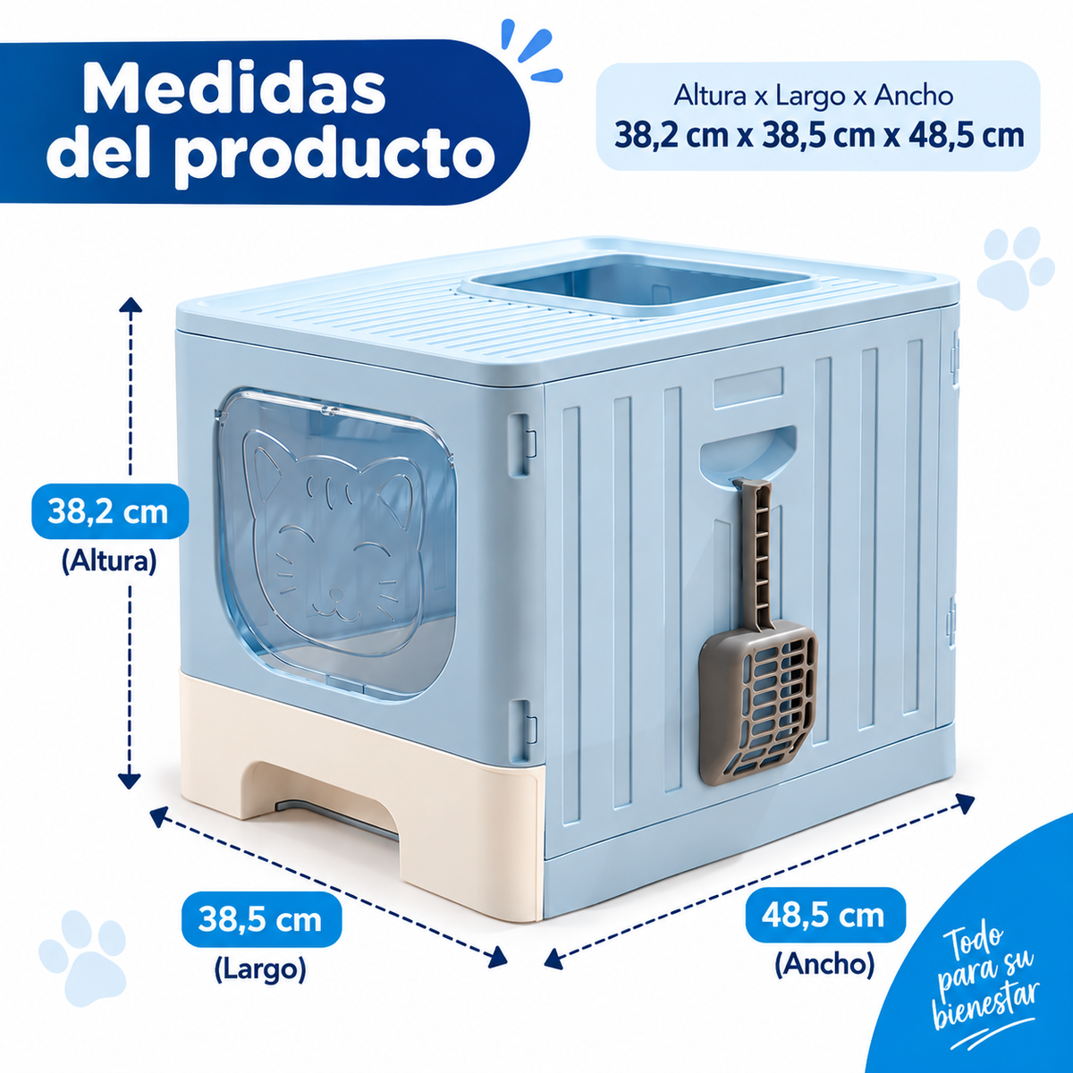 Arenero Cerrado para Gatos con Entrada Superior Azul
