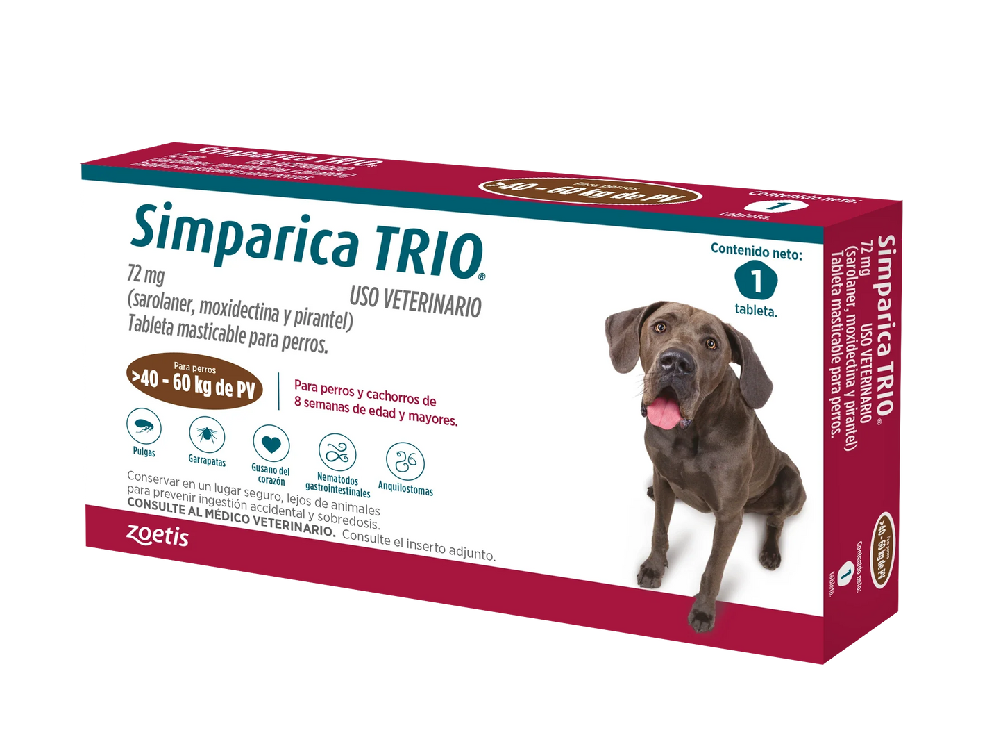 Antiparásitario Interno y Externo para perro Simparica Trio 1.25Kg - 2.5Kg a 40kg - 60kg 1 Tableta