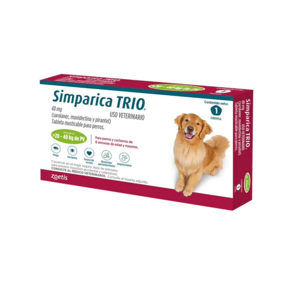 Antiparásitario Interno y Externo para perro Simparica Trio 1.25Kg - 2.5Kg a 40kg - 60kg 1 Tableta