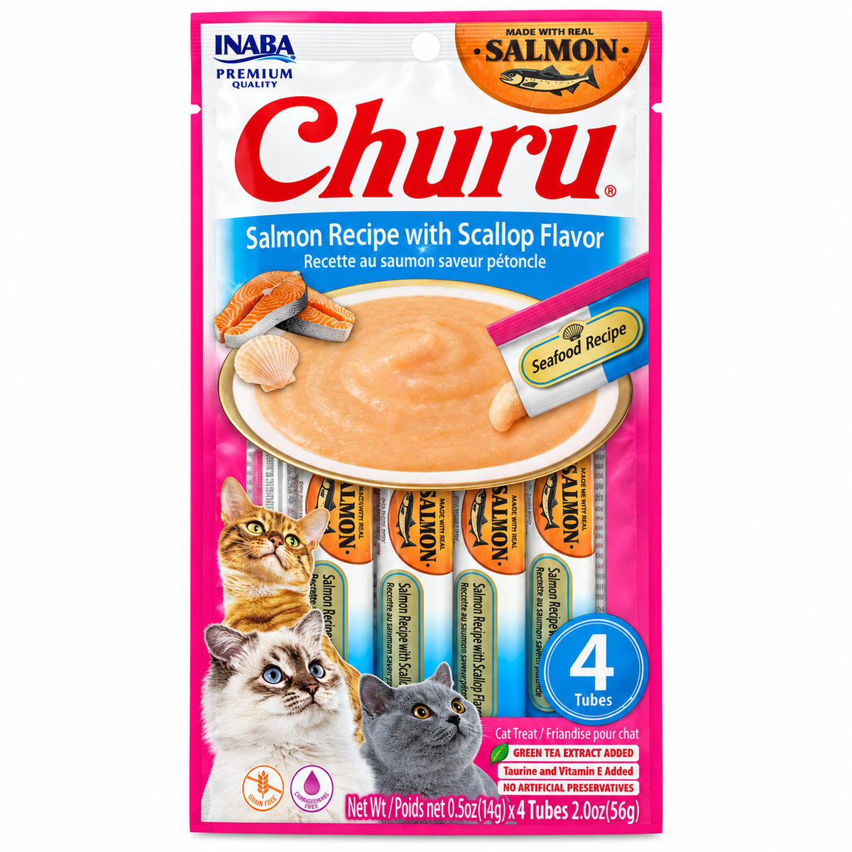 INABA Churu Salmón con Sabor a Vieira para Gatos – 4 Tubos
