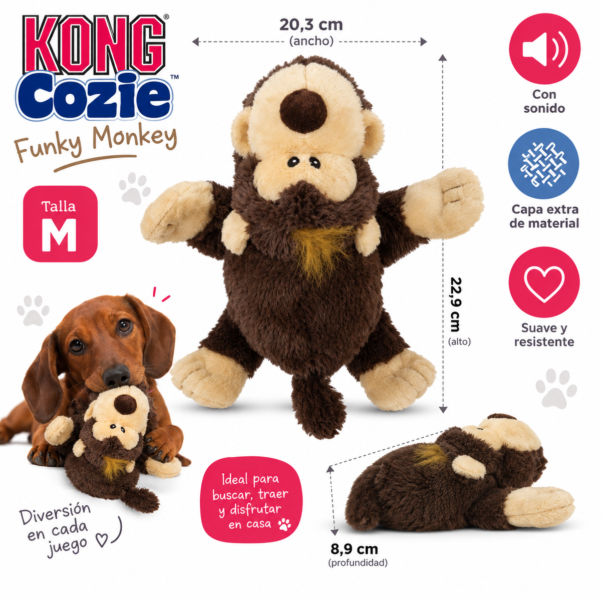 Juguete KONG Cozie Funky Monkey – Peluche con Sonido para Perros