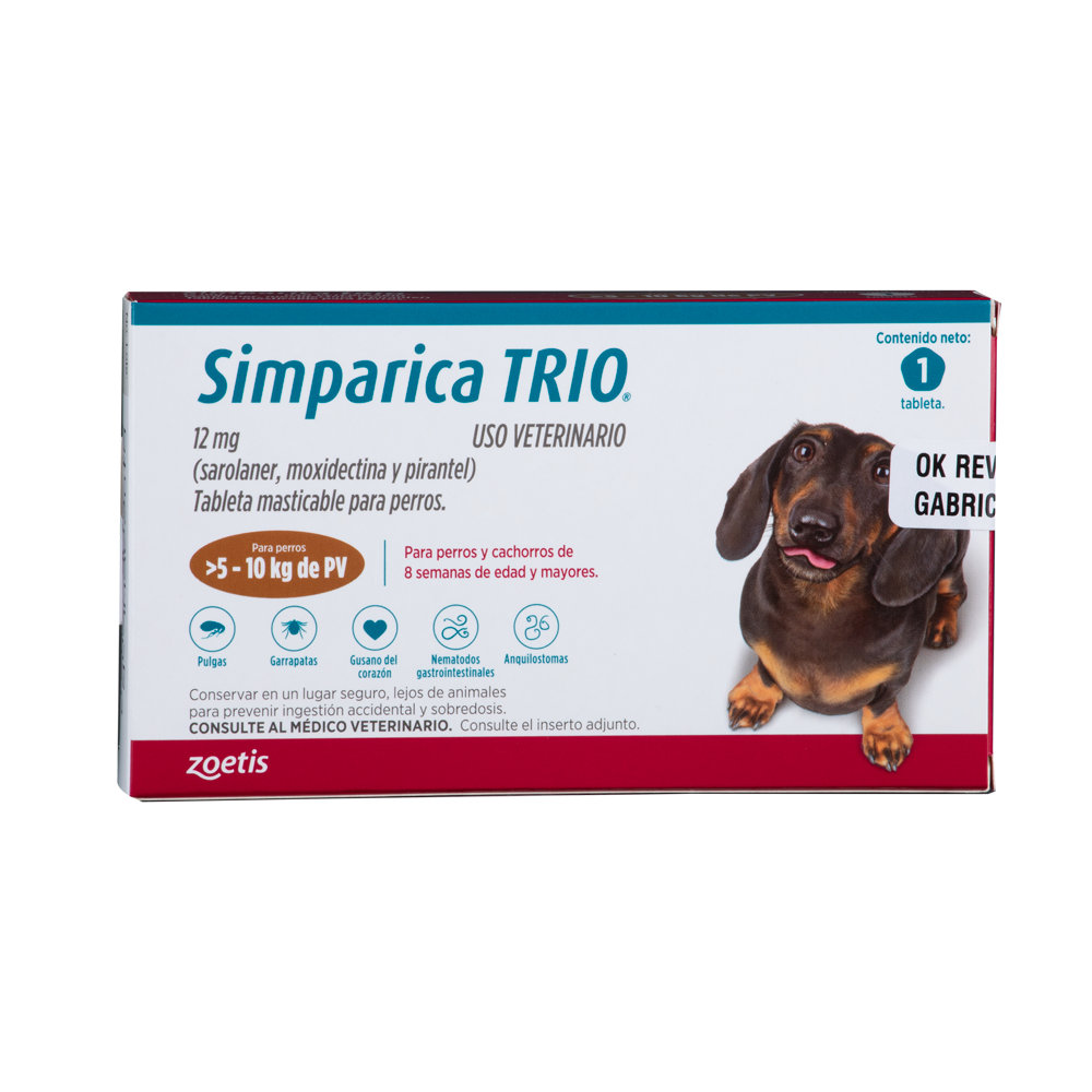 Antiparásitario Interno y Externo para perro  Simparica Trio 1.25Kg - 2.5Kg a 40kg - 60kg 1 Tableta