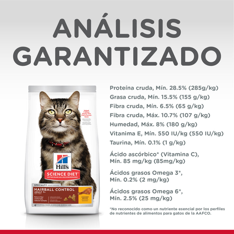 Comida Para Gato Hills Adulto 7+ Hairball Pollo