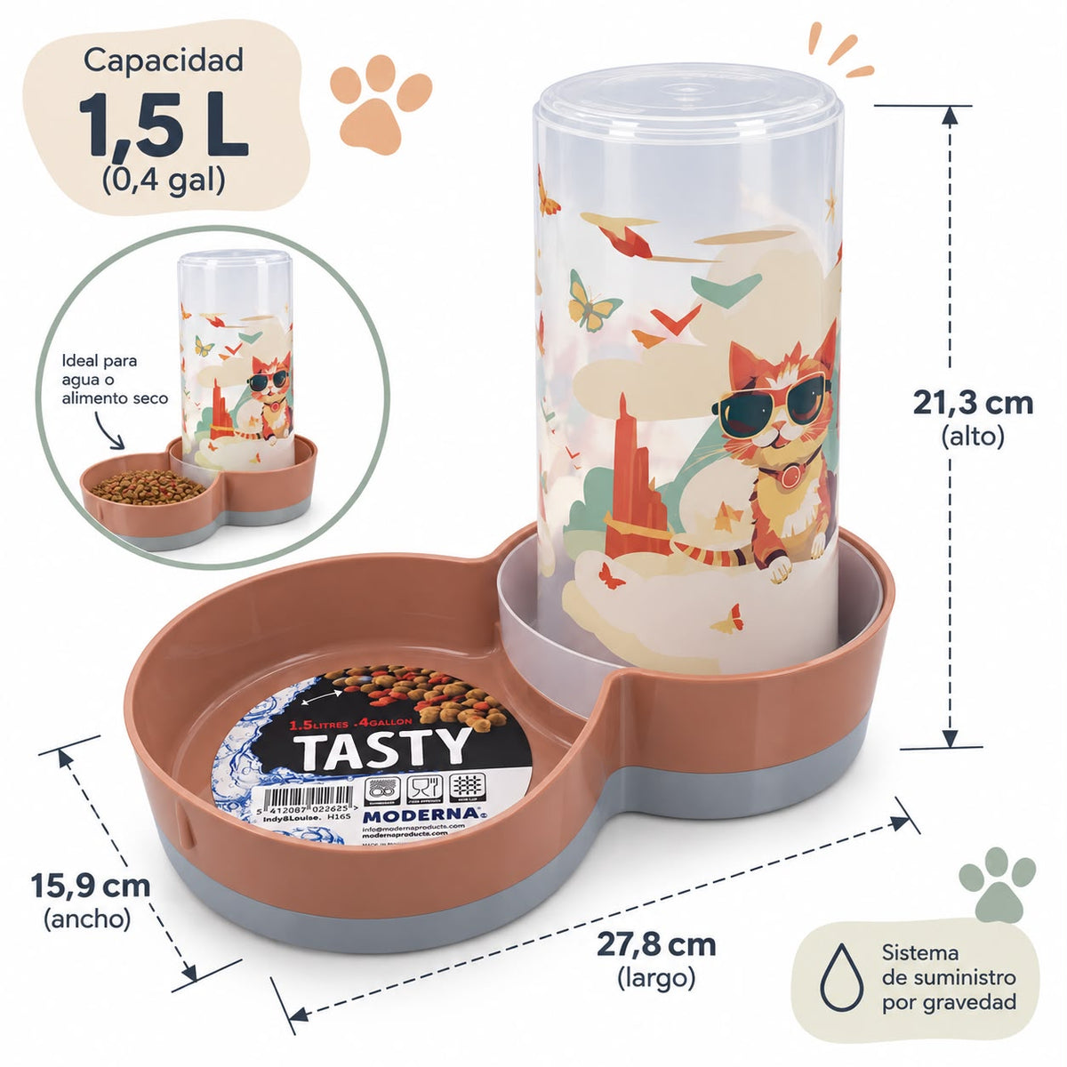 Dispensador de Agua y Alimento Moderna Tasty Indy & Louise 2 en 1 – 1,5 L