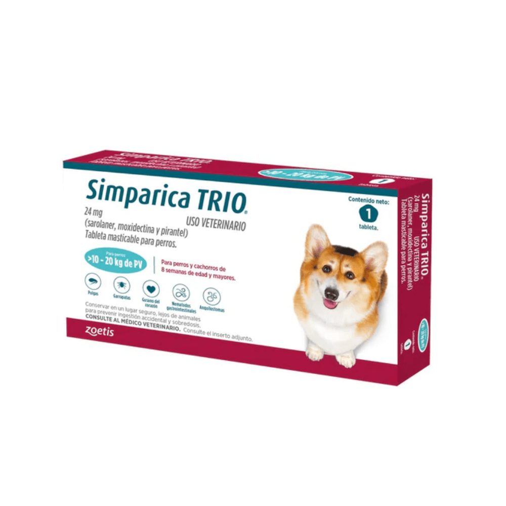 Antiparásitario Interno y Externo para perro  Simparica Trio 1.25Kg - 2.5Kg a 40kg - 60kg 1 Tableta