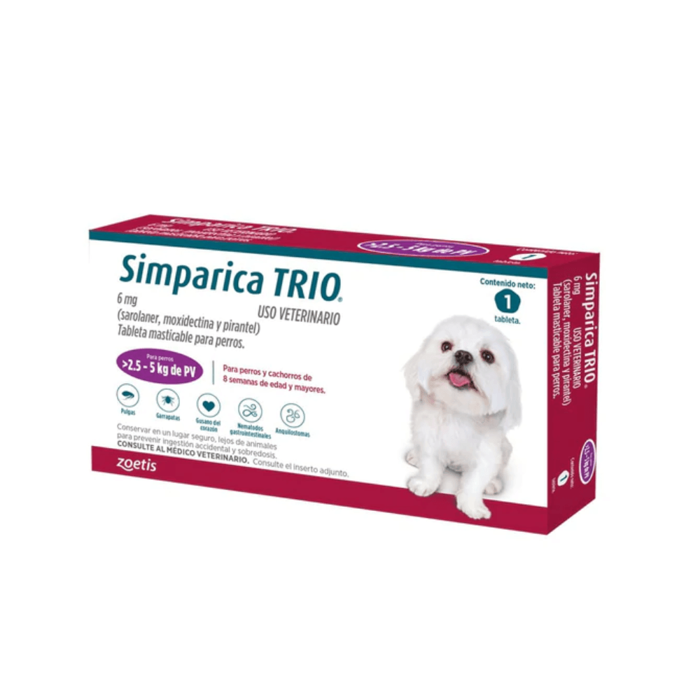 Antiparásitario Interno y Externo para perro  Simparica Trio 1.25Kg - 2.5Kg a 40kg - 60kg 1 Tableta